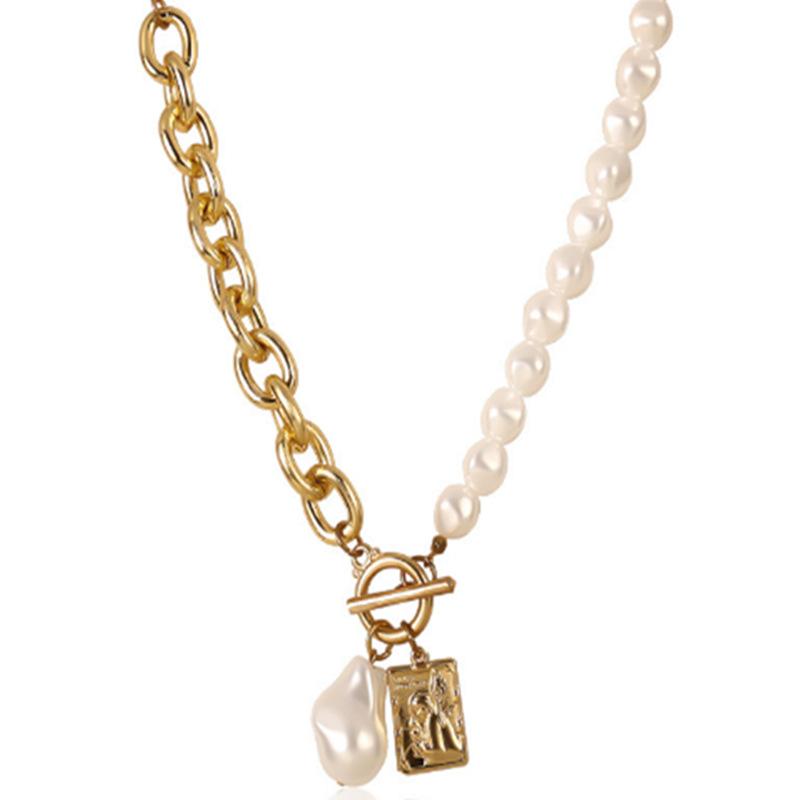 Jewelry Retro Copper Snake Chain Baroque Pearl Portrait Square Necklace Set Chain Female