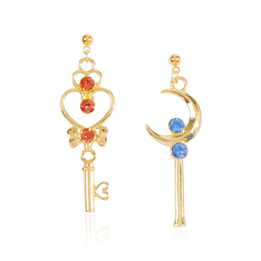 E7131 Creative Sailor Moon Earrings Fashion Color Diamond Moon Key Left and Right AB Style Earrings