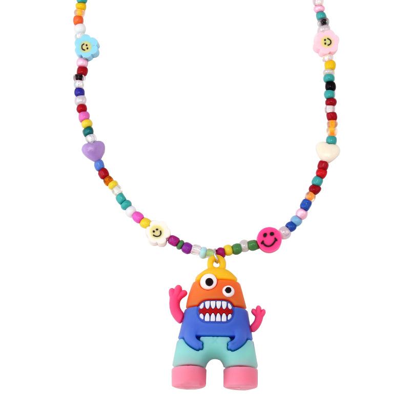 Ins niche design cartoon rainbow monster pendant rice bead necklace hip-hop all-match sweater chain trend style