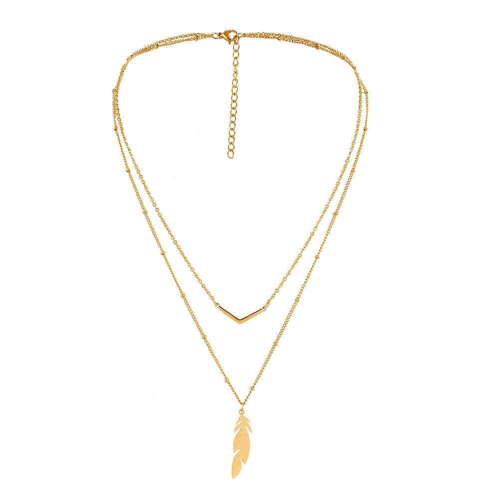 Trendy white tower fashion leaf double-layer stainless steel golden V-shaped leaf feather niche design clavicle chain
