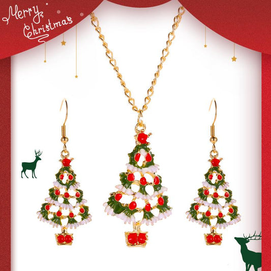 Christmas Colored Cartoon Jewelry Cute Drip Oil Christmas Tree Earrings Necklace Set Ornaments