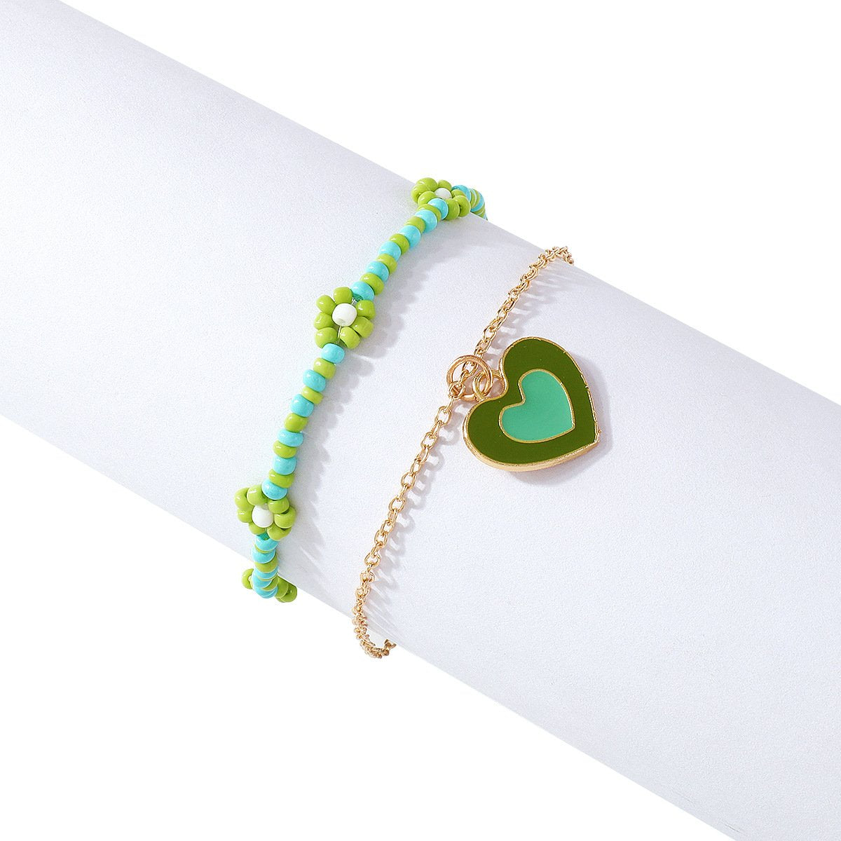 A114 Ornaments Simple Rice Beads Heart Drip Oil Anklet Personality Beach Double Layer Fashion Foot Jewelry