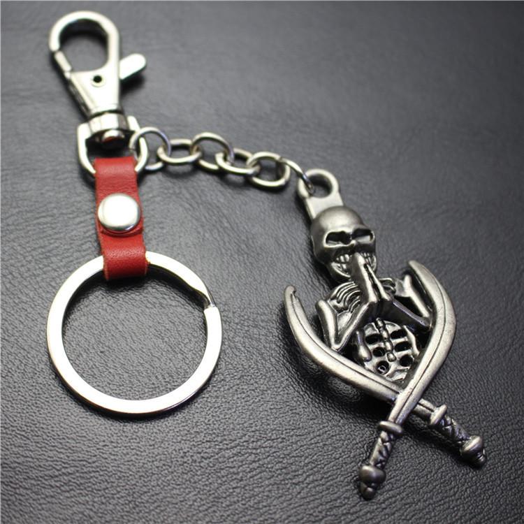 Double Sword Reaper Skull Alloy Pendant Leather Keychain Retro Key Ring Pendant Gift