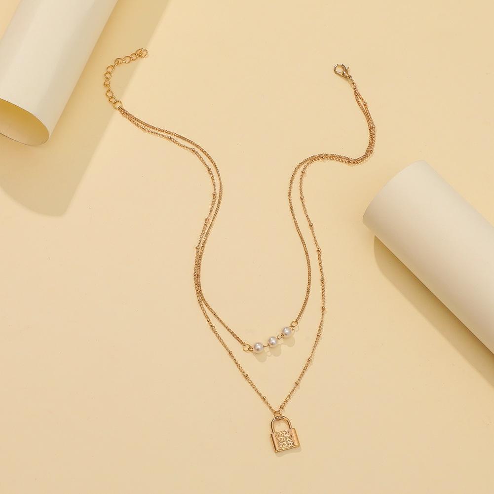 Dongdaemun Simple and Versatile Temperament Pearl Necklace Personality Metal Lock Pendant Fashion Niche Double Layer Necklace