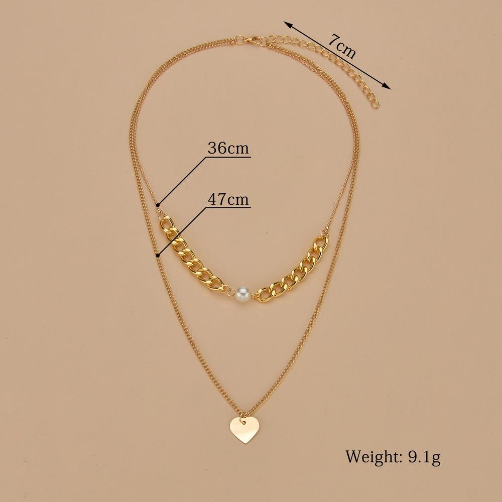 Jewelry Gold Chain Pearl Iron Piece Heart Pendant Double Layer Necklace