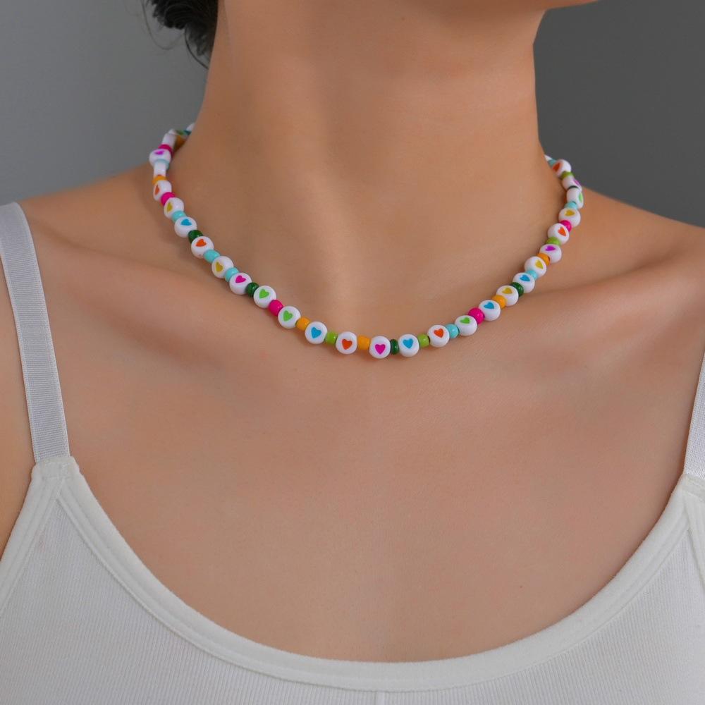 Fashion Color Peach Heart Necklace Beach Vacation Color Rice Bead Necklace Clavicle Chain Jewelry