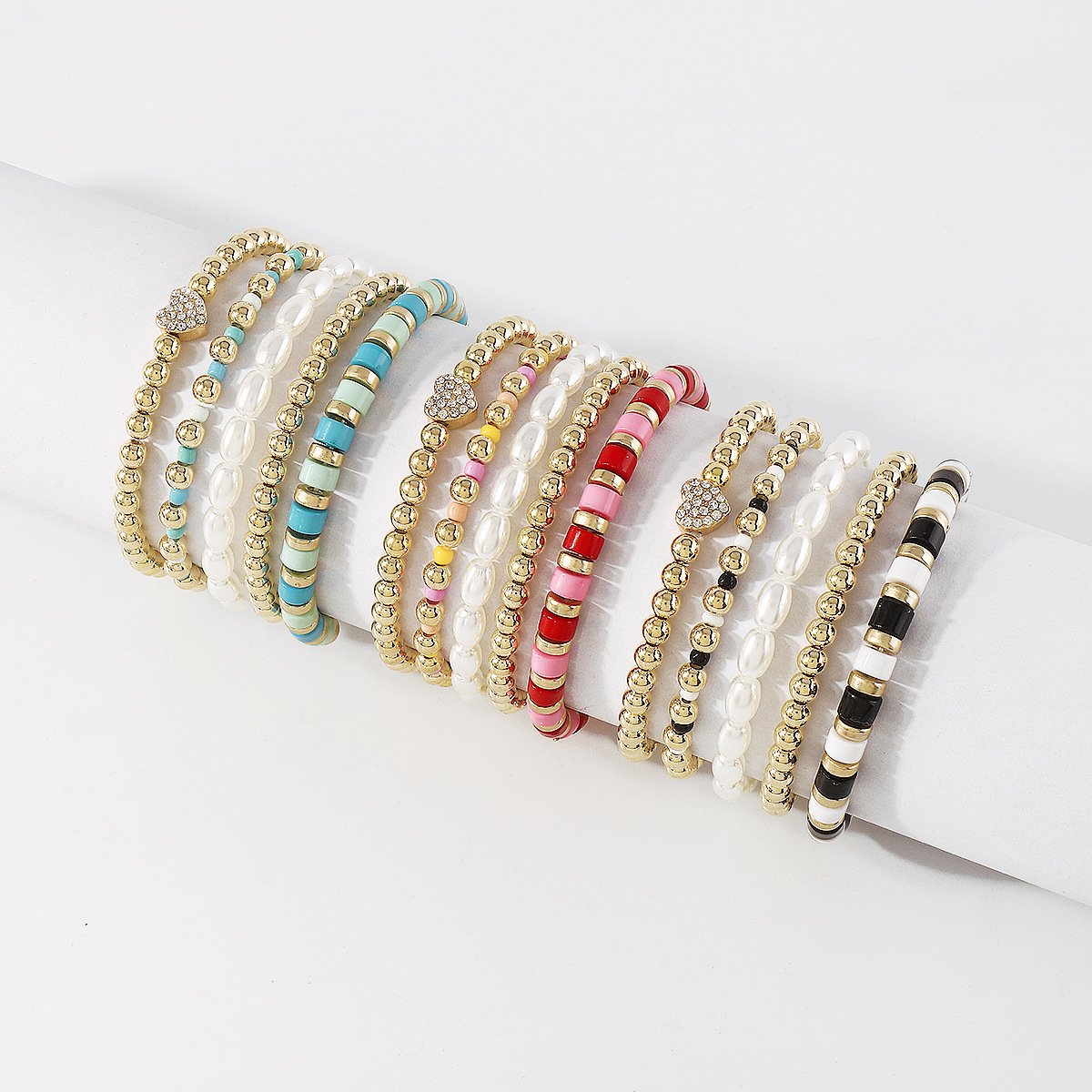 B1965 Ethnic Simple Fashion Colorful Beaded Bracelet Heart Rhinestone CCB Pearl Contrasting Color Elastic Bracelet