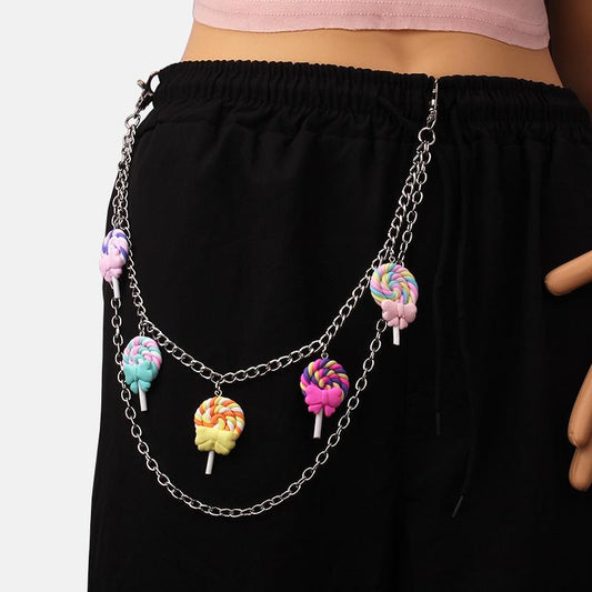 Jewelry sweet and cool color soft pottery lollipop pendant waist chain fashion metal chain double-layer pants chain