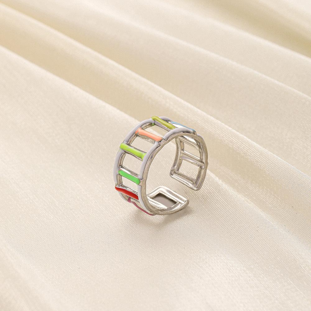 Fashionable high-level cold ins stainless steel opening color drop oil simple line ring