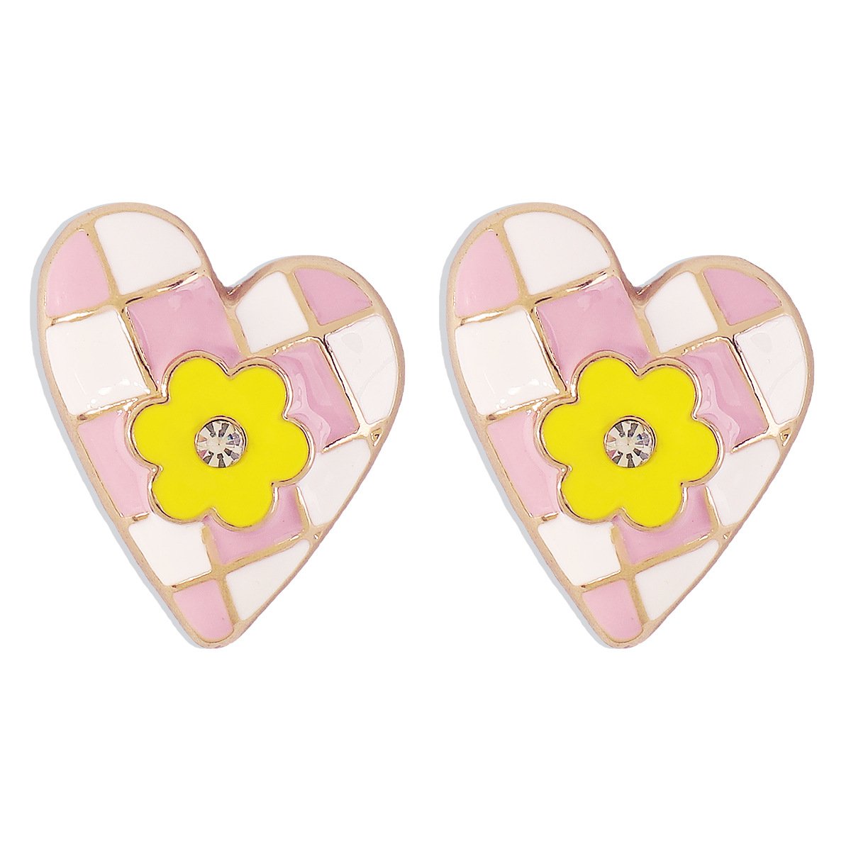 E1386 Sweet Love Flower Geometric Earrings Checkerboard Drip Oil Micro-Inlaid Girl Heart Internet Celebrity Earrings