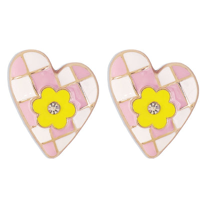 E1386 Sweet Love Flower Geometric Earrings Checkerboard Drip Oil Micro-Inlaid Girl Heart Internet Celebrity Earrings