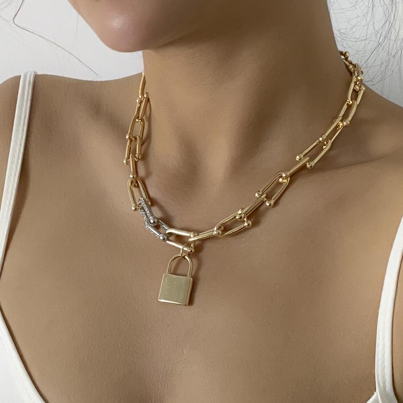 Jewelry Hollow Stitching Gold Geometric Necklace Mixed Color Full Diamond U-shaped Buckle Chain Lock Necklace Women