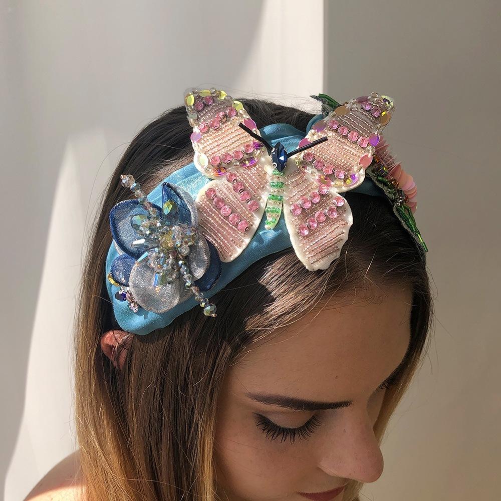 F3174 Super Fairy Catwalk Hair Accessories Exaggerated Big Butterfly Sand Material Headband Fashion Rice Beads Diamond Sequins Headband