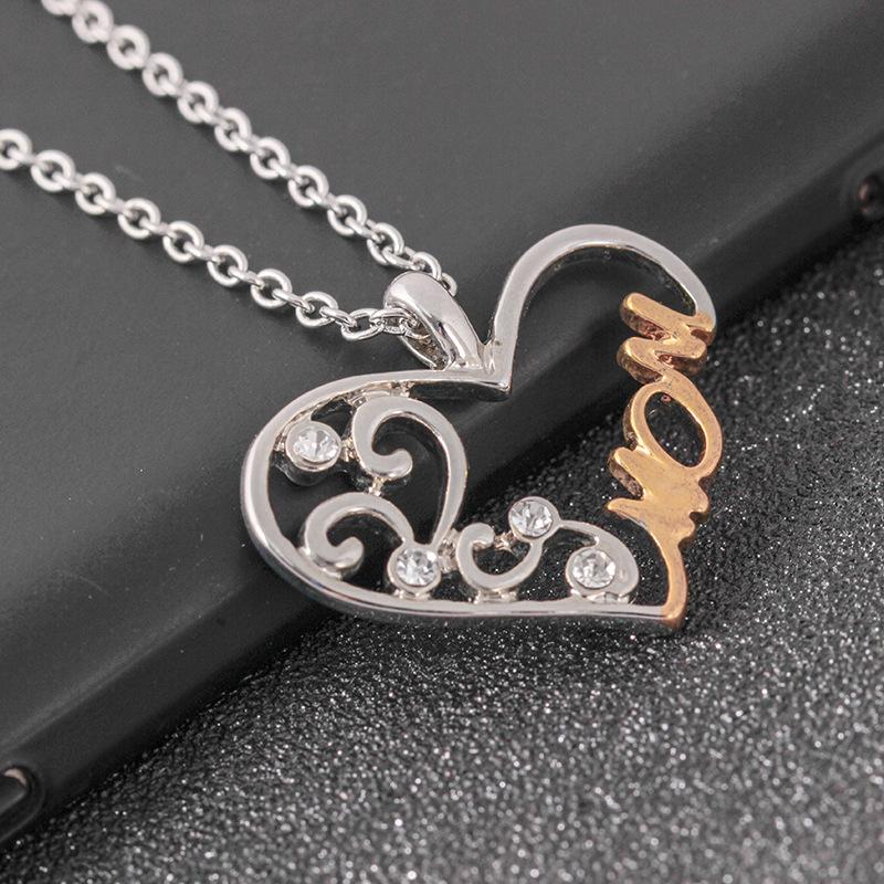 Fashion peach heart-shaped necklace mom letter hollow diamond pendant clavicle chain jewelry