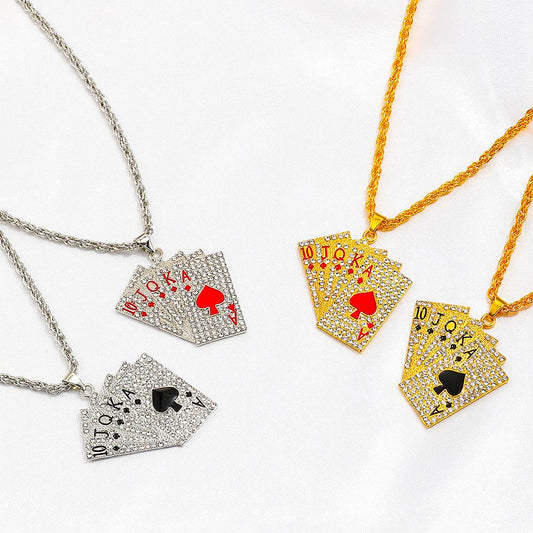 Punk hip-hop diamond-studded poker necklace niche design net red straight flush collarbone chain men and women the same style