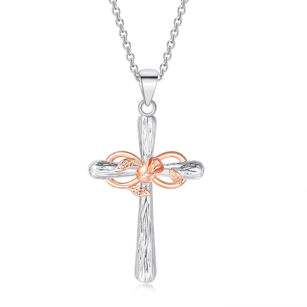 Women's Fashion Religious Belief Cross Rose Gold Flower Lucky Figure 8 Pendant Necklace