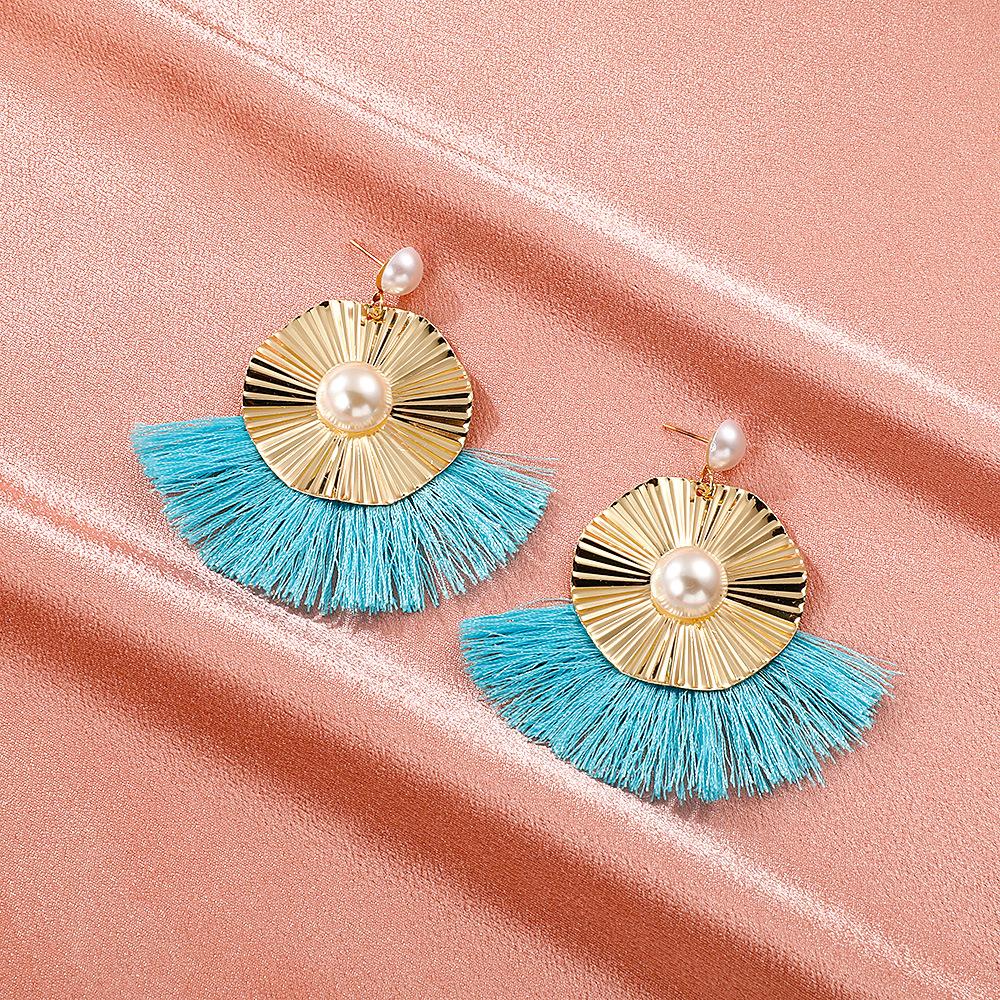 Exaggerated Metal Tassel Earrings Bohemian Fan-shaped Irregular Earrings Retro Geometric Pearl Earrings