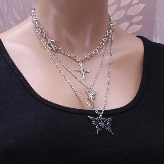 INS Harajuku net red bundi multi-layer angel rose butterfly necklace personality hip-hop necklace