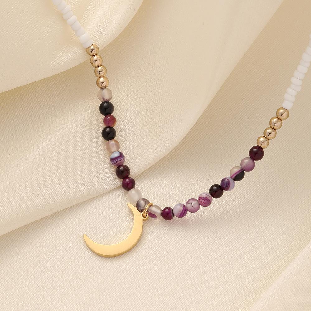 Color Zircon Crescent Pendant Light Luxury Niche Design Sense Short Stainless Steel Moon Beaded Amethyst Stone Necklace