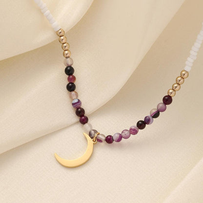 Color Zircon Crescent Pendant Light Luxury Niche Design Sense Short Stainless Steel Moon Beaded Amethyst Stone Necklace