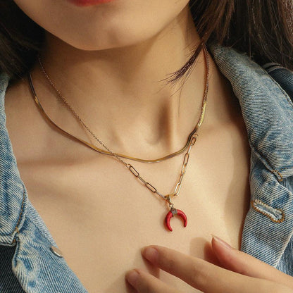 Specific light luxury design titanium steel double layer moon necklace flat snake chain collar turquoise crescent pendant necklace