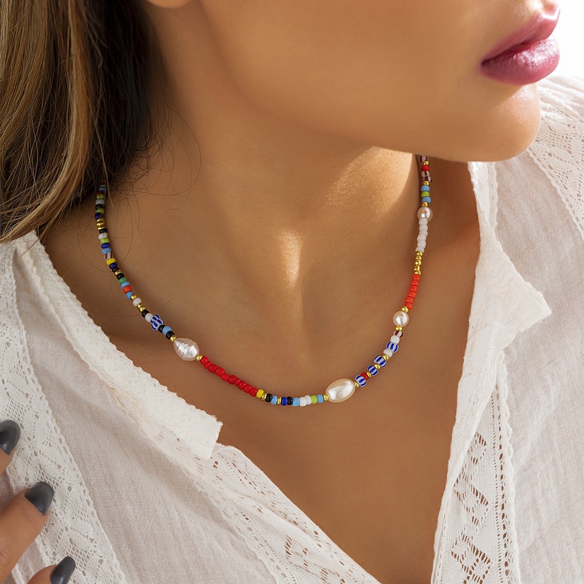 Jewelry Creative Contrasting Color Rice Bead Beaded Necklace Women's Simple Geometric Imitation Pearl Single Layer Necklace