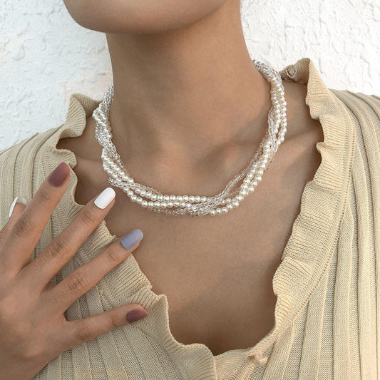 N8419 fashion simple multi-layer pearl necklace women's stacked elegant temperament retro exaggerated clavicle chain