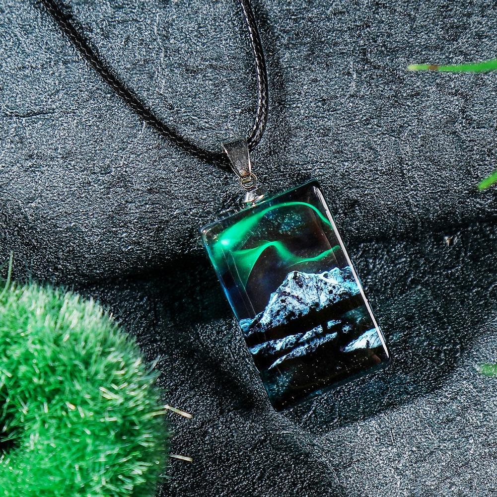 Creative Handmade Snow Mountain Lake Square Pendant Fashion Aurora Phantom Scenery Resin Wax Rope Necklace