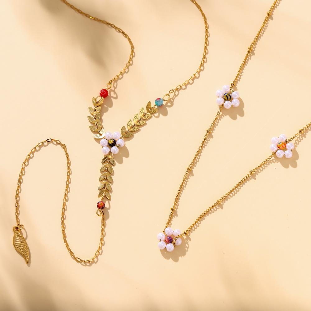 Creative stainless steel golden wheat ear pendant pearl flower titanium steel pastoral double-layer necklace collarbone chain female