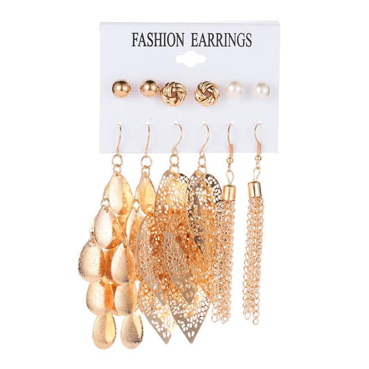 Set Earrings Creative Hollow Leaves Simple Pearl Tassel Stud Earrings 6-Piece Set Earrings