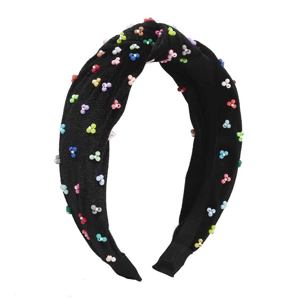 F368 Fashion Headband Corduroy Knotted Fabric Headband Personalized Colorful Rice Beads Light Luxury Headwear