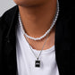 Fashion Simple Personality Versatile Trend Stainless Steel Square Brand Eye Oil Drip Pearl Necklace Men