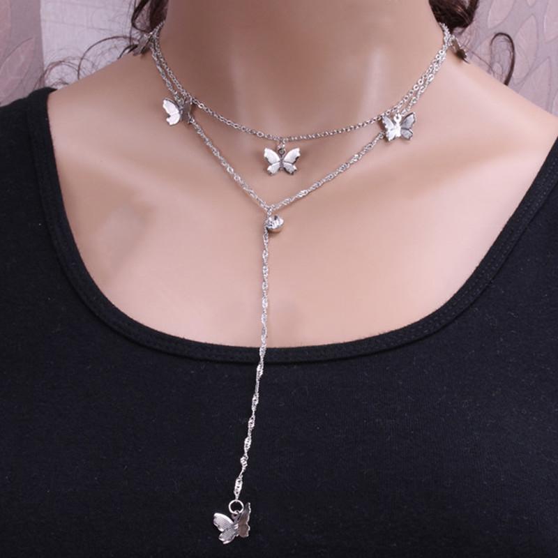 Jewelry Fashion Double Layer Alloy Butterfly Pendant Necklace Feminine Tassel Rhinestone Long Pendant