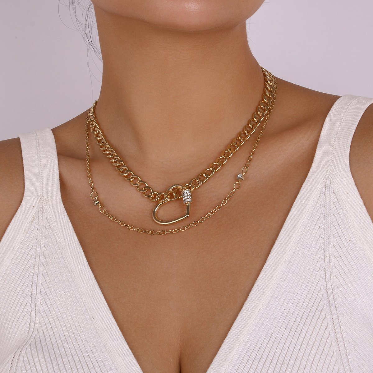 N9161 TikTok inlaid glass diamond geometric chain necklace double layered love punk necklace