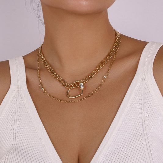 N9161 TikTok inlaid glass diamond geometric chain necklace double layered love punk necklace