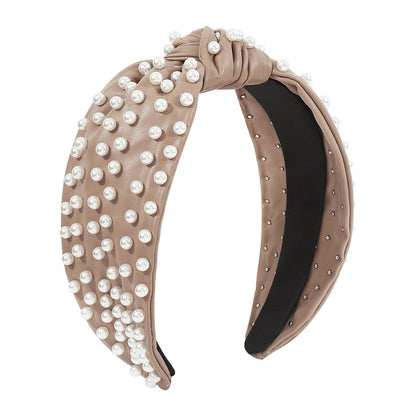 F4833 creative personality leather pearl headband knotted solid color style retro going out pressing hair adult headband