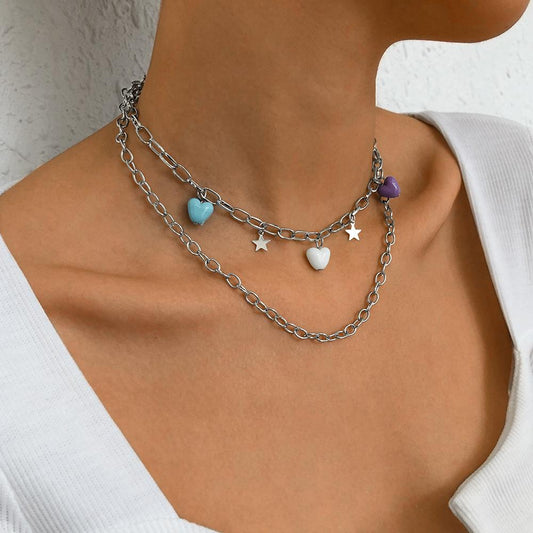 N9513 Personality Simple Double Layer Necklace Pentagram Resin Heart Necklace Geometric Sweet Cool Necklace for Women