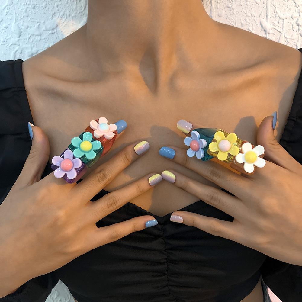 R579 Simple Ring Candy Color Flower Girl Heart Ring Resin Transparent Contrasting Color Geometric Jewelry