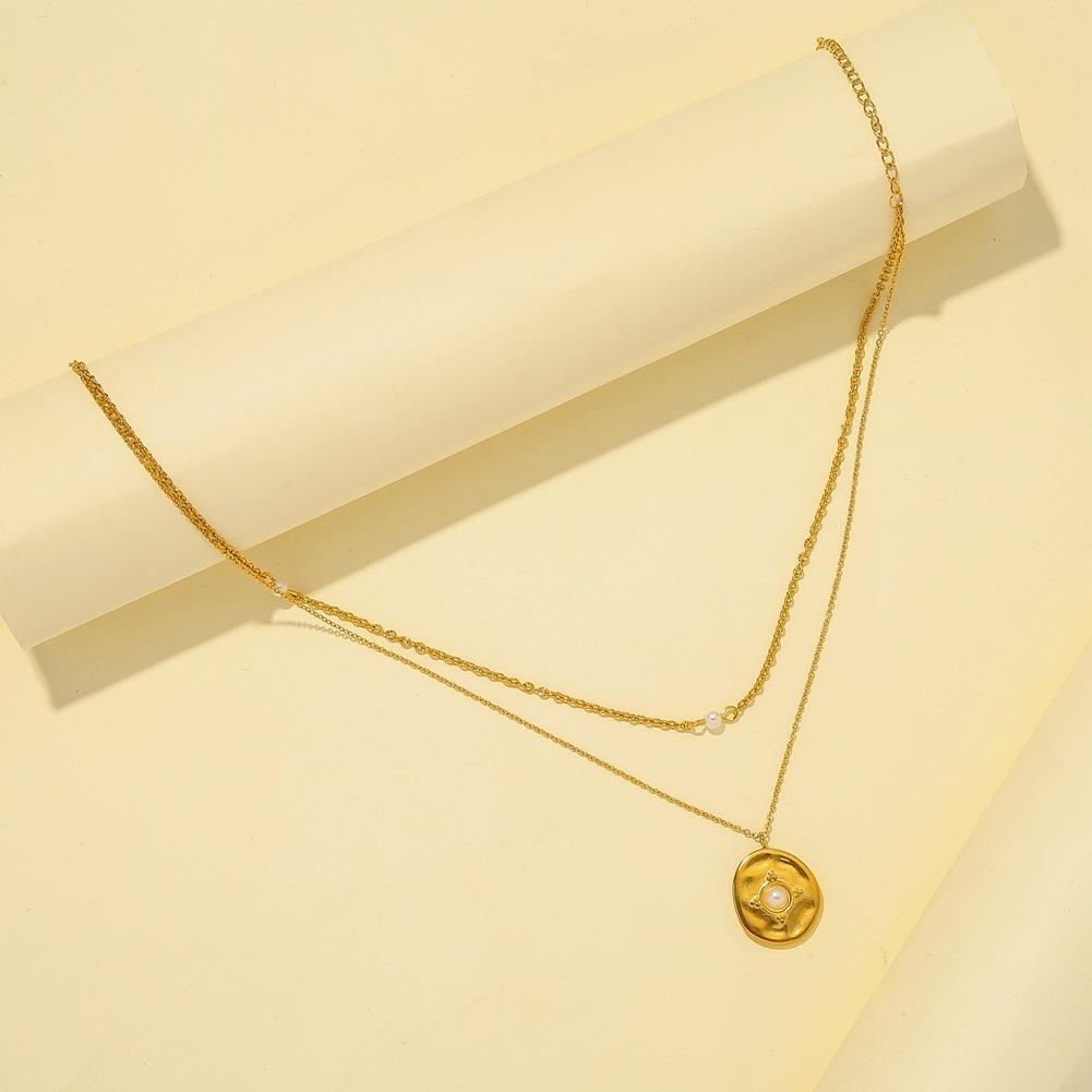 Double layer stainless steel retro coin pearl pendant necklace titanium steel sexy temperament elegant clavicle chain female