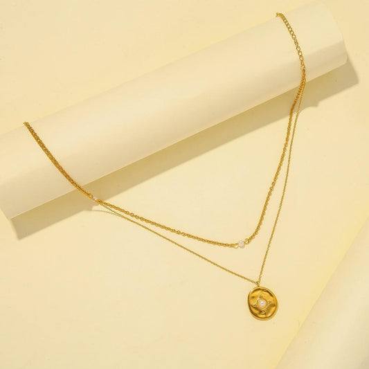 Double layer stainless steel retro coin pearl pendant necklace titanium steel sexy temperament elegant clavicle chain female