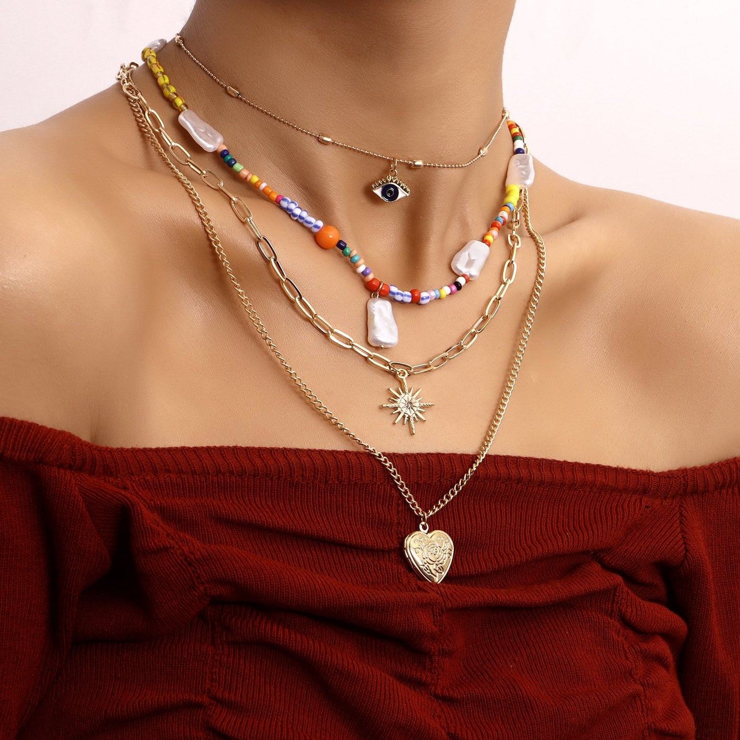 Jewelry punk colored rice beads devil's eye hexagonal star openable love pendant necklace female