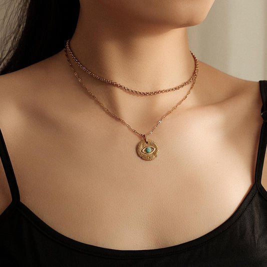 Ins niche personality stainless steel double-layer necklace temperament collarbone chain coin inlaid turquoise pendant