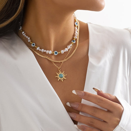 Jewelry Ethnic Sunflower Turquoise Pendant Necklace Vintage Imitation Pearl Eye Beaded Necklace