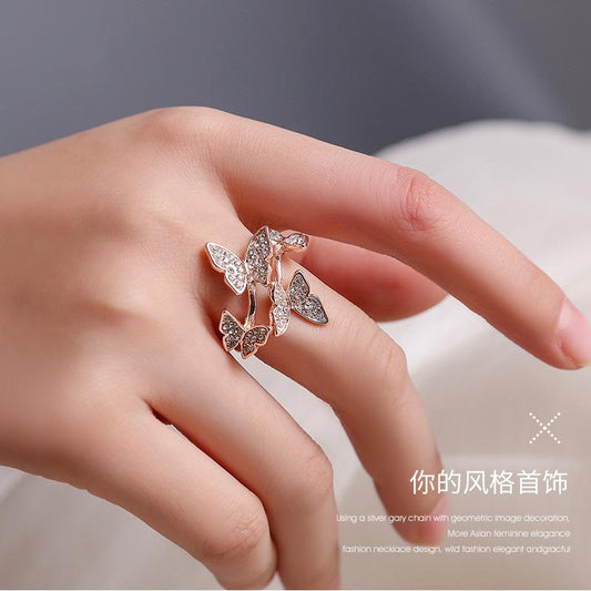 Fashion Jewelry Temperament Full Diamond Four Butterfly Ring Net Red Light Luxury Index Finger Open Ring