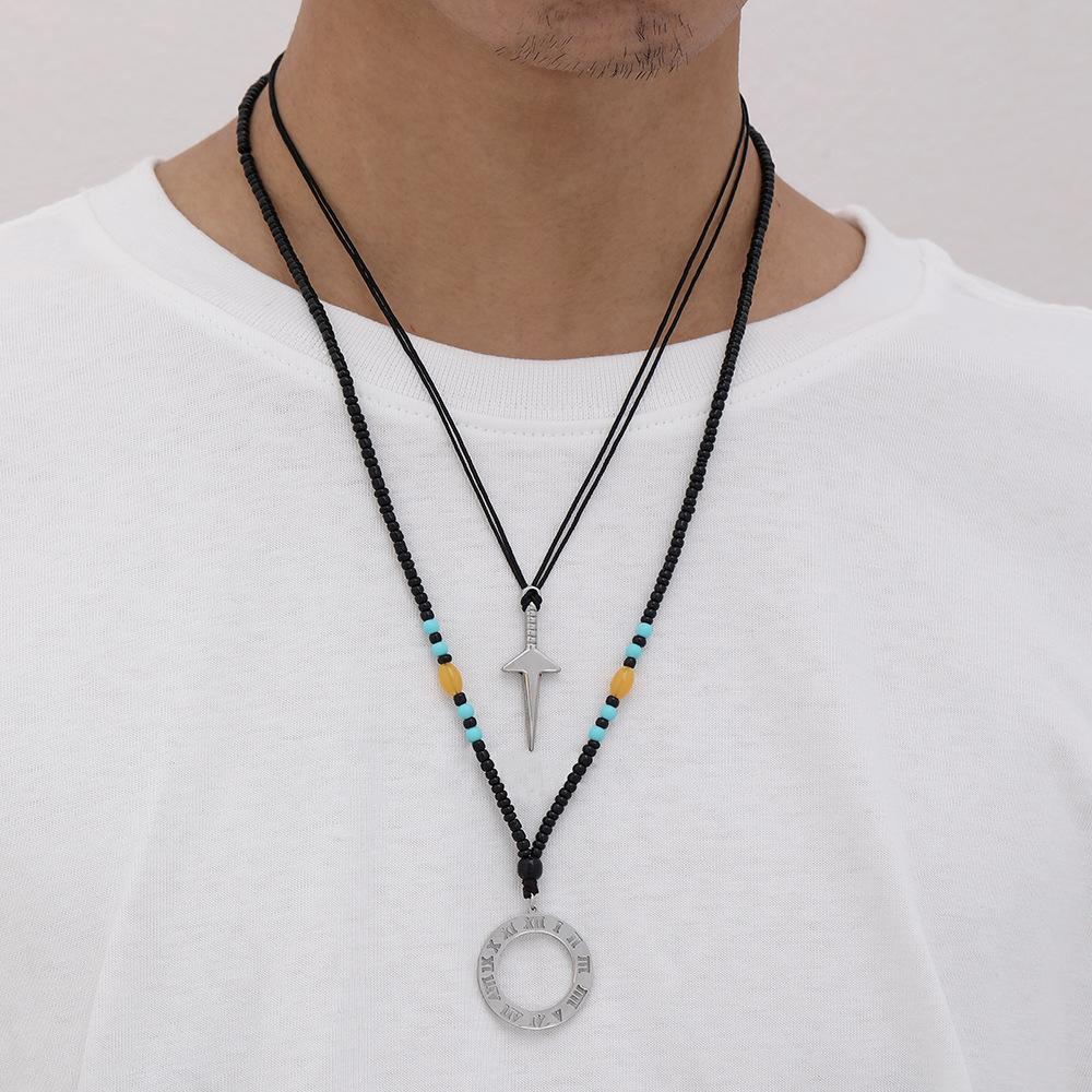Personality Men's Double Layer Stainless Steel Sword Circle Roman Numeral Pendant Rope Bead Necklace