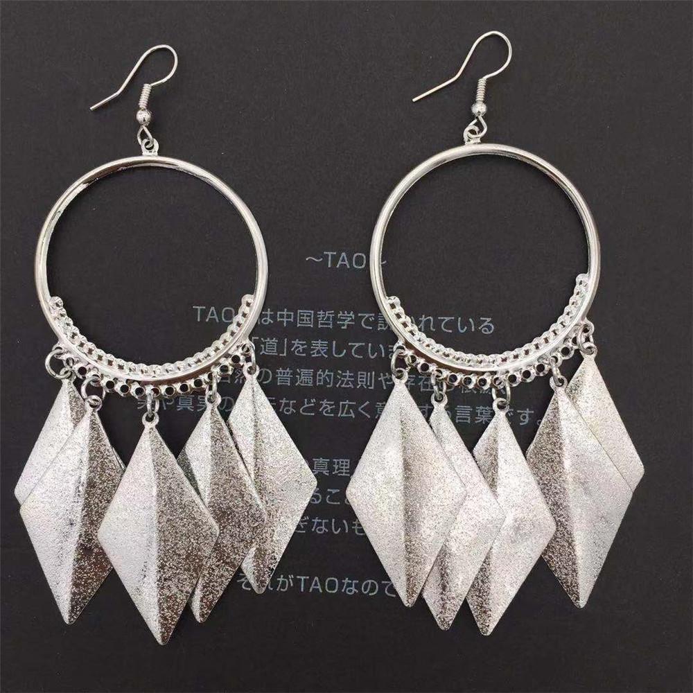 Rhombus Frosted Sequin Tassel Earrings Ethnic Metal Hoop Earrings Women Ear Jewelry