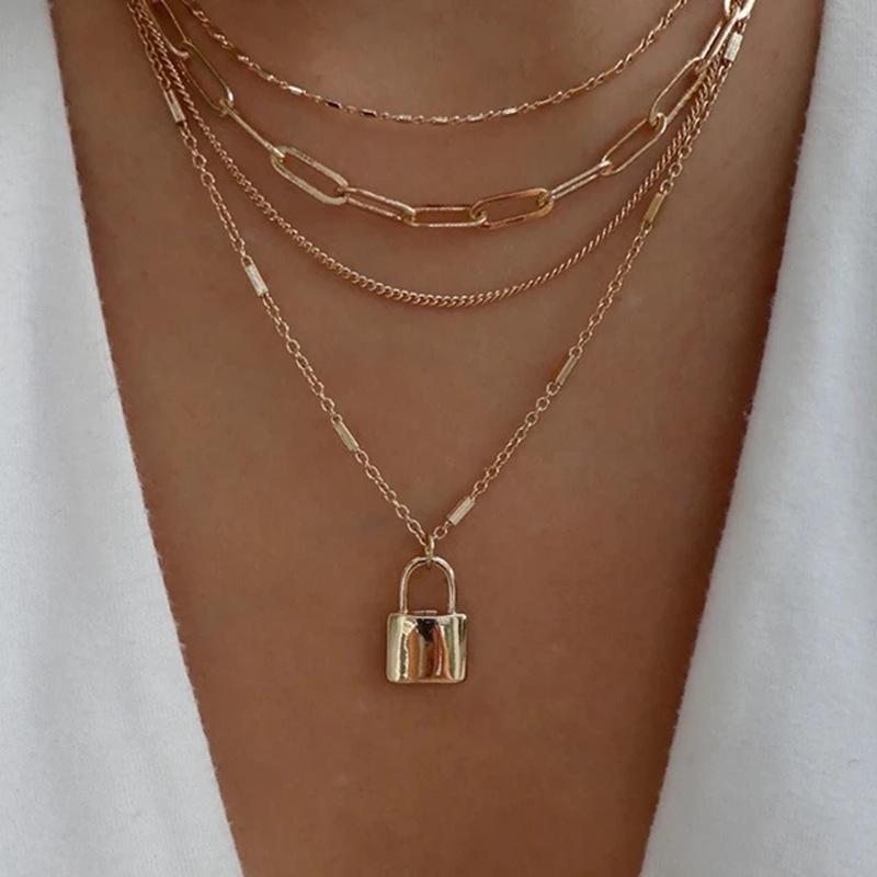 Multilayer Necklace Female Creative Retro Simple Alloy Lock Pendant Thick Chain Necklace Jewelry