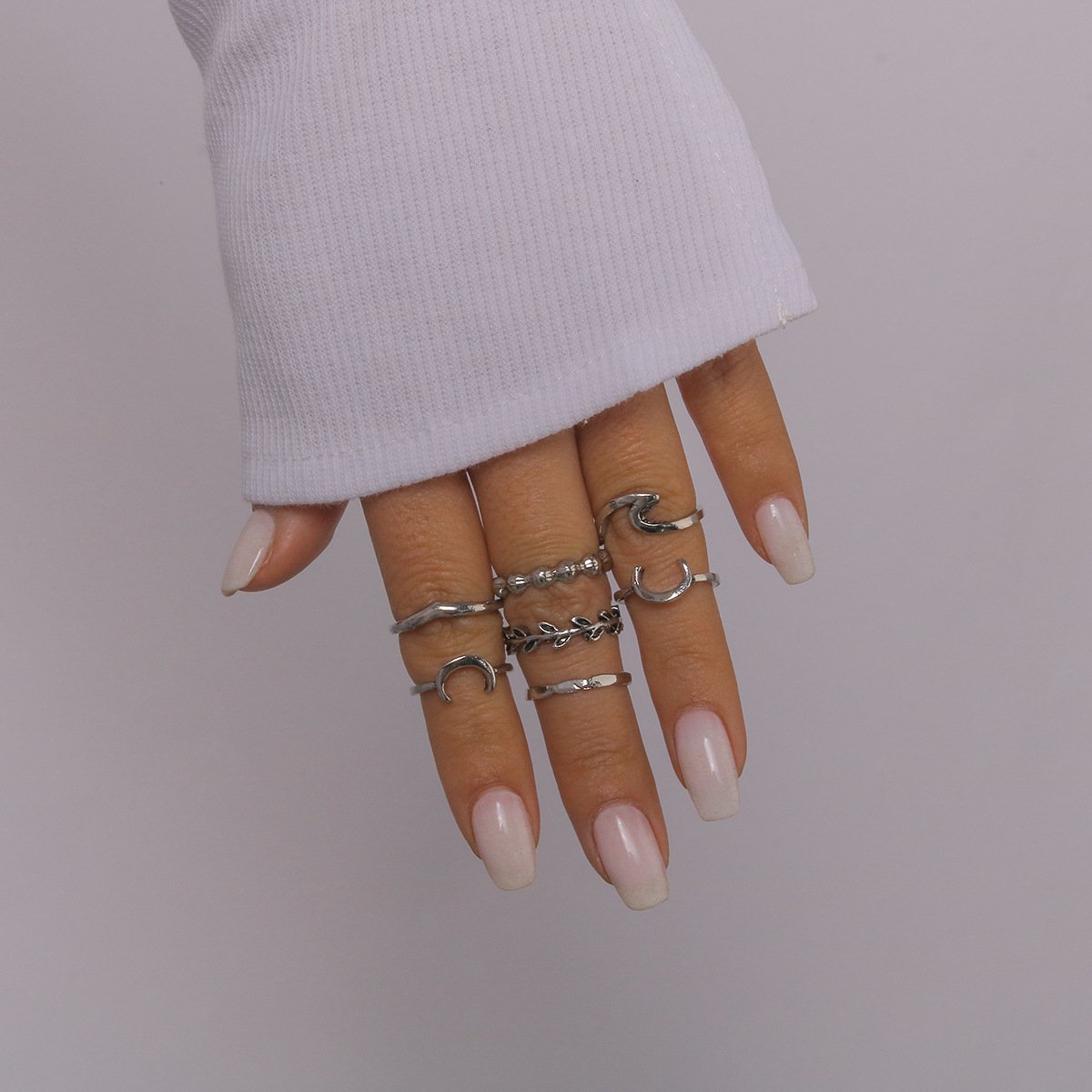 R766 Simple metal ring retro old ring crescent leaf joint ring set