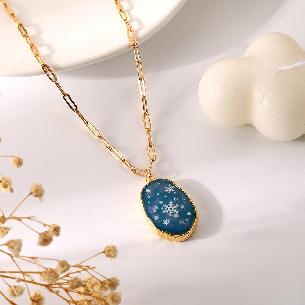 Irregular Oval Resin Christmas Snowflake Necklace Personality Fashion Simple Original Alloy Pendant Female