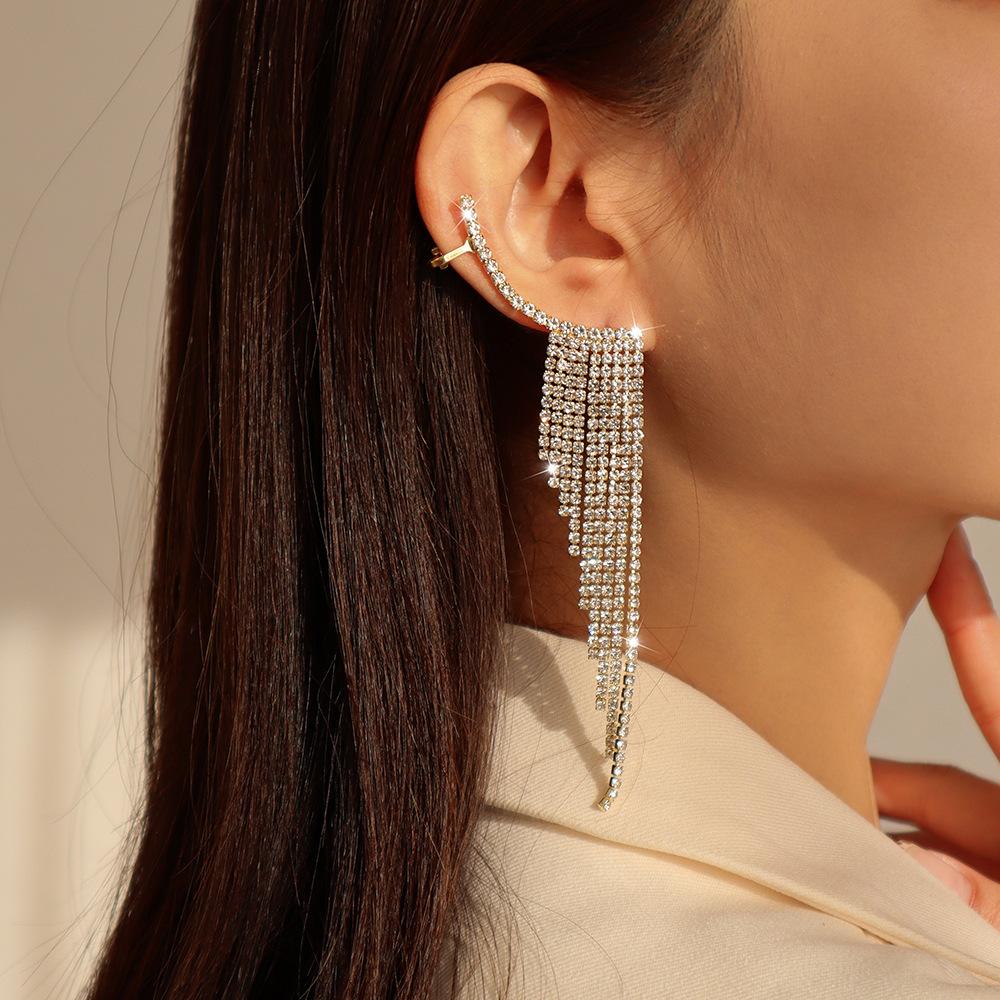 E1274 Temperament Simple Pop Earrings Net Red Tassel Rhinestone Ear Needles Geometric Banquet Exaggerated Earrings